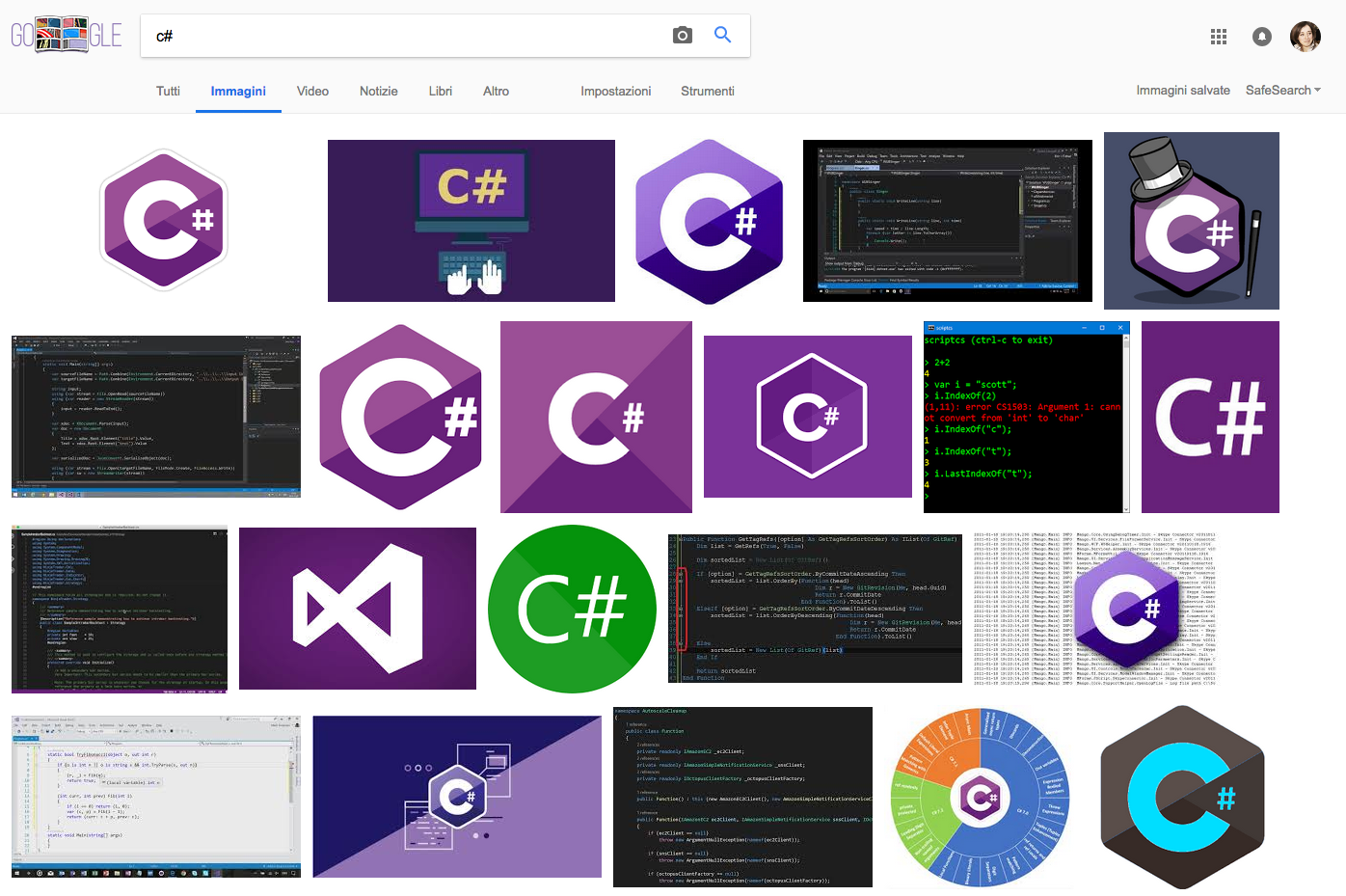 Screenshot della ricerca per immagini della parola C#